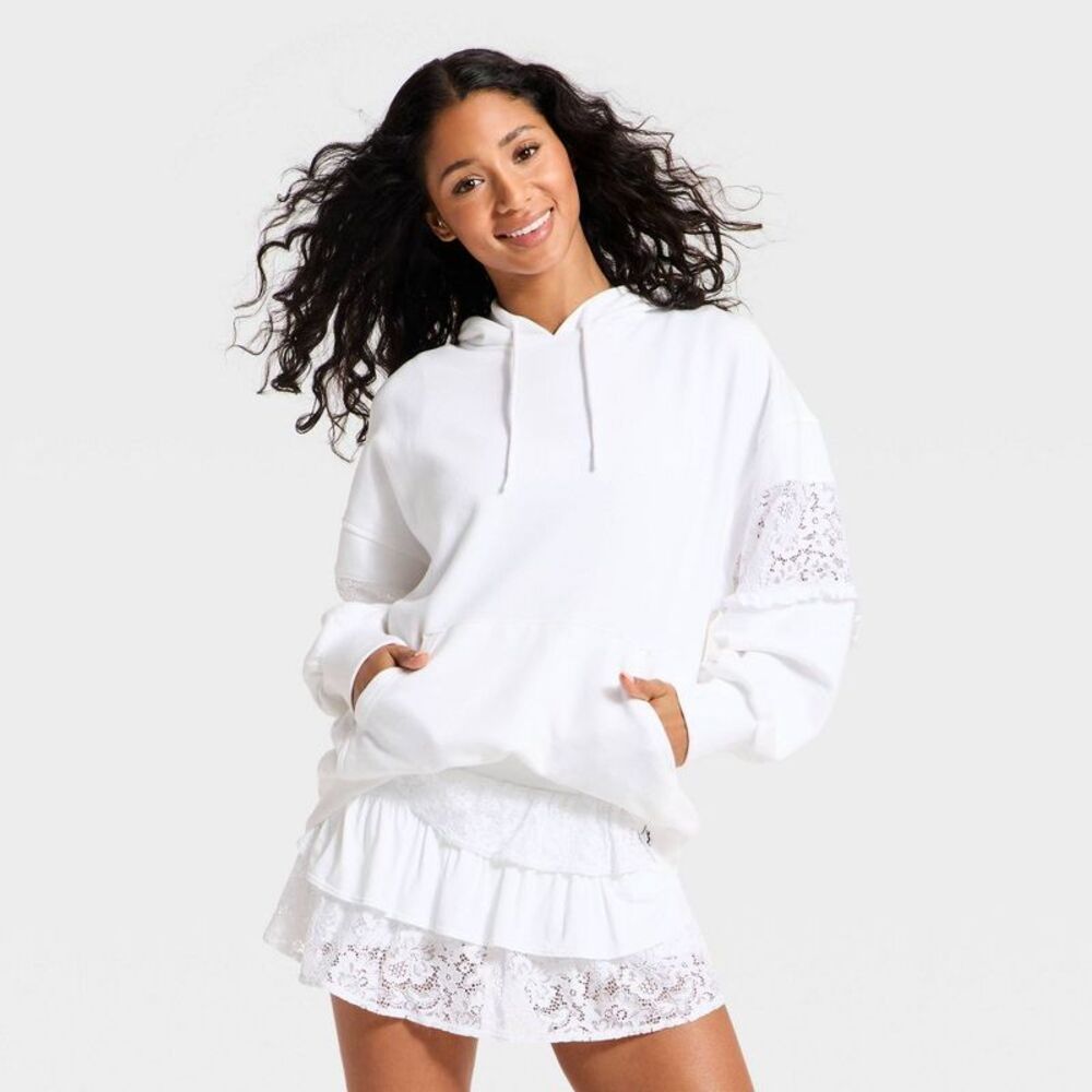 JoyLab - Women's Lace Trim French Terry Hooded Sweatshirt - White